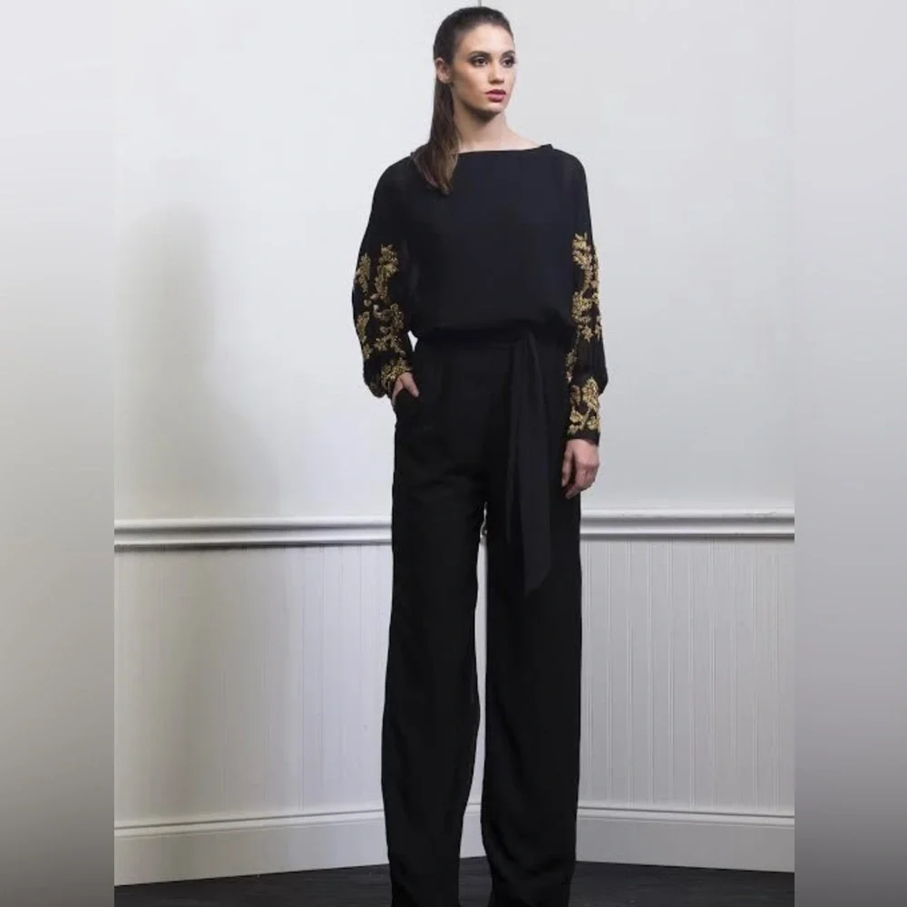 Black Silk Chiffon Jumpsuit with Gold Beaded Batwing Sleeves | Esé Azénabor - Picture 1 of 9